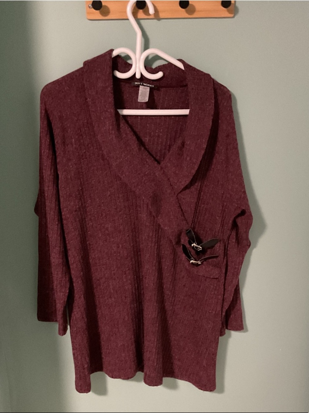 Ribbed Shawl Collar Tunic Sweater - Burgundy